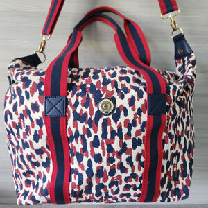 Tommy Hilfiger Canvas Tote Bag Red Blue Leopard Print Removable Shoulder Strap